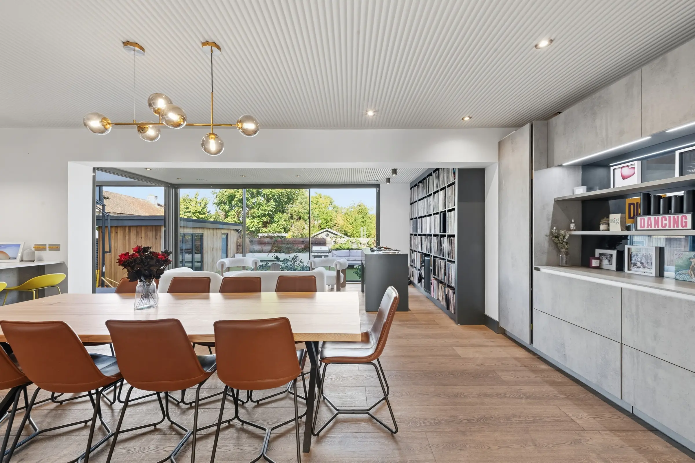 Open-plan kitchen and dining room with views to the garden