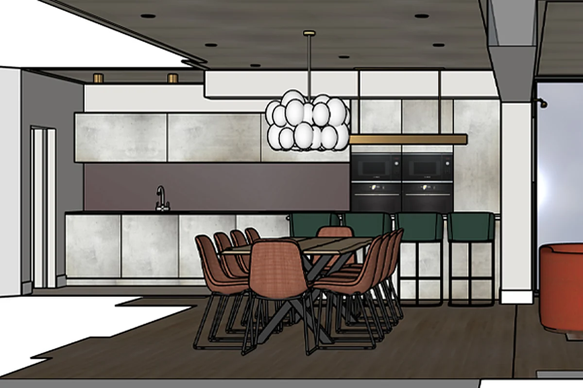 Design proposal rendering: dining table with terracotta chairs in front of a kitchen run with tall ovens and green bar stools